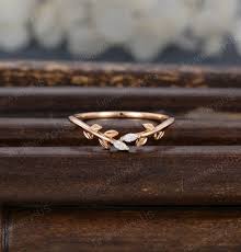 Vintage Moissanite Curved Wedding Band Unique Yellow Gold Open Ring Women  Marquise Diamond Vine Leaf Band Bridal Stacking Band Matching Gift