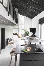 Home Design Open Floor Plan Narrow House Living Room Dining Room Kitchen Black Ceiling Loft House Interior Interior Architecture Design Modern Interior Design