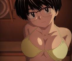 oka ayuko, nazo no kanojo x, screencap, stitched, third-party edit, 1girl,  bare shoulders, bikini, breasts, cleavage, glasses, short hair, solo,  swimsuit - Image View - | Gelbooru - Free Anime and Hentai Gallery