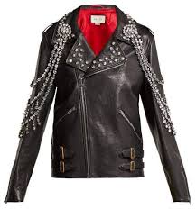 Yankees Crystal Embellished Leather Biker Jacket Gucci Matchesfashion Us Gucci Leather Jacket Fashion Black Women Fashion