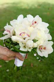 13 h x 1.5 w. White Bridal Bouquet White Orchids Tulips Freesia Lily Grass Flower Bouquet Wedding Brides Flowers Bouquet Orchid Bouquet Wedding