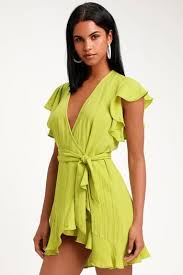 Sunny Days Ahead Lime Green Ruffled Wrap Dress Casual Summer Dresses Sundresses Green Dress Casual Lime Green Dress
