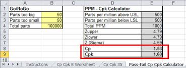 calculating cp cpk in excel for go nogo and pass fail gages