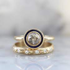 Navy Blue Enamel Halo With Grey Diamond And Yellow Gold Setting Alternative Engagement Rings Jewelry Unique Rings