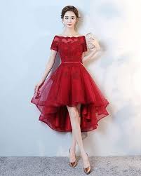 Red Tulle Off Shoulder High Low Lace Appliques Party Dress With Short Sleeves From Girlsprom Lace Evening Dresses Prom Dresses Short Short Dresses