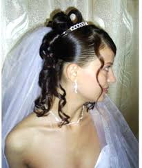It can be placed at the top with the veil attached or in front of the updo. Wedding Hairstyle With Half Updo With Curls Tiara And Veil Jpg