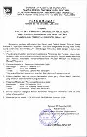Hasil Seleksi Administrasi Dan Penilaian Rekam Jejak Peserta Seleksi Jpt Pratama Di Lingkungan Pemerintah Kabupaten Tanah Laut