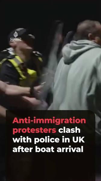 Anti-immigration protesters clashed with police in Portsmouth in southern England after around 140 people arrived in the UK aboard a small boat., Protesters blocked roads near the waterfront and ...