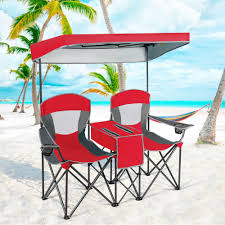 It comes with an adjustable headrest. Gymax Folding 2 Person Camping Chairs Double Sunshade Chairs W Canopy Red Walmart Canada