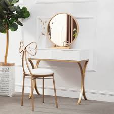 575 99 White Wood Makeup Table With Round Mirror Chair Set Gold Metal Base Sm Modern Bedroom Other By Homary Limited Want to blend clear acrylic and metal in one?