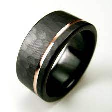 Hammered Offset Rose Gold Stripe Black Zirconium Ring Black Zirconium Ring Mens Wedding Rings Rings For Men