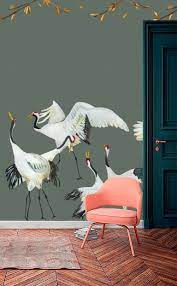 carchii behang japanese crane dance green mockup behang groen behang behang ideeen