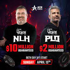 The Venom Warm Up $66 $500K, the $2,650 $10 Million Venom & the $2,650 $2  Million PLO Venom are coming to @acr_poker in April!! 🐍 Satties starting  soon! Mark your calendars!! 📆 ——————