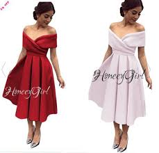 Simple Tea Length Satin Evening Dresses Off Shoulder A Line Short Prom Gown Elegant Party Dresses Evening Dresses Elegant Evening Dresses