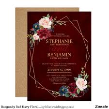 Burgundy Red Navy Floral Modern Geometric Wedding Invitation Zazzle Com Geometric Wedding Invitation Red Wedding Invitations Fall Wedding Invitations