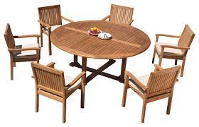 The circular table is crafted from solid teak wood, while the chairs are. 7 Piece Outdoor Teak Dining Set 72 Round Table 6 Wave Stacking Arm Chairs Transitional Outdoor Dining Sets By Teak Deals Houzz