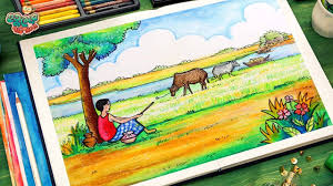Village Cowboy Scenery Drawing Tutorial How To Draw Village Scenery Art Drawings For Kids Scenery Drawing For Kids Oil Pastel Drawings