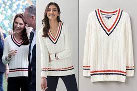 Replikate For Ralph Layuren Tennis Sweater Ivory V Neck Red Blue Stripes Feb 9 2021 What Kate Wore