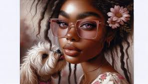 Hello could someone please do a plump lady in heaven as an angel with short  bobbed hair glasses with a shizu dog by her side with brown and black fur
