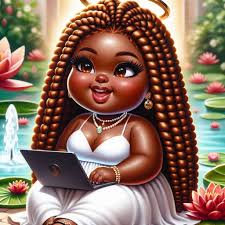 A vibrant and highly stylized digital illustration of a chibi-bratz style  character with smooth growing brown skin huge brown eyes. The character  features a sleek bob haircut with dramatic black and blonde