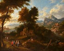 Adraen Frans Boudewijns An Extensive River Landscape With Figures Around A Village With A Town In