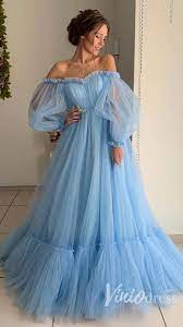 Long Sleeve Sky Blue Prom Dresses Off The Shoulder Formal Dress Fd1527 Unique Prom Dresses Gowns Dresses A Line Prom Dresses