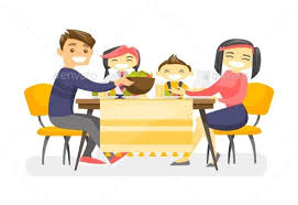 Happy Multiethnic Family Dining At The Table Family Dining Boy Cartoon Characters Cartoons Eating