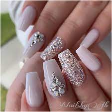 21 Elegant Coffin Acrylic Nails Design You Should Try Right Now Polish And Pearls Nails Design With Rhinestones Rhinestone Nails Bride Nails