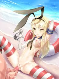 astdevir, shimakaze (kancolle), kantai collection, highres, 10s, 1boy,  1girl, anchor hair ornament, beach, blonde hair, breasts, cum, cum on body,  cum on lower body, cum on upper body, elbow gloves, gloves, hair