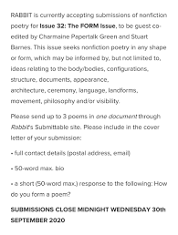I have always wondered the difference in cover letters for different submission types. Stuart Barnes On Twitter Hello Poets Of The World Charmaine Papertalk Green I Are Guest Editing Rabbitpoetryaus Issue 32 The Form Issue Which Seeks Nonfiction Poetry In Any Shape Or Form More