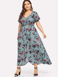 Plus Waist Knot Wrap Floral Dress -sheinsheinside Plus Size Maxi Dresses Plus Size Dresses Cute Floral Dresses