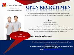 Kami adalah salah satu perusahaan besar di indonesia yang berdiri sejak tahun 1958. Job Hunter Loker Palembang Terbaru 2 Posisi Pt Surya Madistrindo Agustus 2019 Lowongan Kerja Palembang