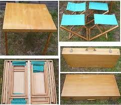 Vintage Wood Fold Up Picnic Table With 4 Chairs Packs Together Camping Picnic Vw Ebay Cool Stuff Fold Up Picnic Table Folding Picnic Table Camping Table