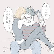 matt (death note), mello (death note), death note, highres, translation  request, 2boys, black gloves, black pants, blonde hair, blue pants, eye  contact, gloves, goggles, goggles on head, green hair, hair between eyes,