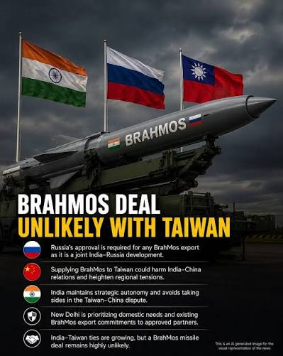 India is unlikely to offer BrahMos supersonic cruise missiles to Taiwan  because the missile's joint development with Russia requires Moscow's  approval for any export. Supplying BrahMos to Taiwan could significantly  worsen India's