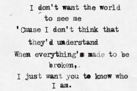 I Don T Want The World To See Me Cause I Don T Think That They D Understand When Everything S Made To Be Broken Lyrics To Live By Favorite Lyrics Song Quotes