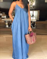 Solid Spaghetti Strap Denim Casual Dress Ropa Informal Para Mujer Moda Estilo Vestidos Largos Casuales