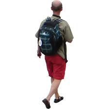 A Cutout Photo Of A Bald Man With A Green Backpack Walking Away In Sandals Bald Man Red Shorts Man