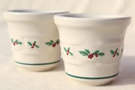 Longaberger Holly Christmas Traditions Stoneware Pottery Votive Candle Holders Set