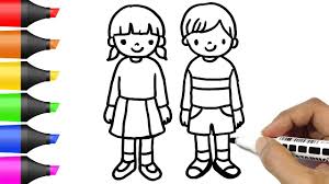 Doodle children drawing with house, sun and clouds. Drawing Boy And Girl Kids Coloring Pages Bobo Cute Art Youtube