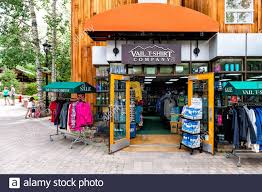 Vail Usa June 29 2019 Swiss Style Ski Resort Town In Colorado With Entrance To Tshirt Company Clothing Business Store Exterior Stock Photo Alamy