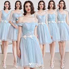 Maya has your sequin dreams covered. Affordable Sky Blue Bridesmaid Dresses 2019 A Line Princess Appliques Lace Flower Short Ruffle Backless Wedding Party Dresses