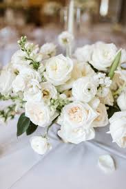 Detail Of Elegant Low Lush All White Centerpiece Arrangement Of Vendela Rose Tibe White Flower Centerpieces Wedding Floral Centerpieces Wedding Flowers Tulips