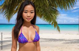 Pretty sexy asian woman in bikini standing on a tropical beach. Generated  by AI Stock Illustration | Adobe Stock