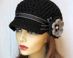 Free Shipping USA Crochet Newsboy, Woman Hat, Black, Ribbon, Flower, Gray,  Pearl Button, Gifts for Her, Birthday Gifts JE148NFRALL6