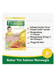 Promina adalah merek bubur bayi promina bubur tim daging dan brokoli terbuat dari beras, susu skim bubuk, minyak ikan, vitamin. Promina Bubur Tim Instant Salmon Norwegia 100g Klikindomaret