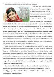 Malala yousafzai, the youngest person to win the nobel peace prize. Malala Yousafzai Esl Worksheet By Slivia7933