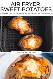 Air Fryer Sweet Potatoes With Hot Honey Butter Sweet Potato Toppings Whole Baked Sweet Potato Air Fryer Recipes Easy