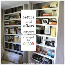 I chose to use cascade, the teal color, on the bottom of each crate, which becomes the backing of the bookcase. Bookshelves Arranged By Color Before After Breidawithab Com Arranging Bookshelves Bookshelves Bookcase