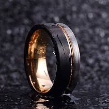 Black And Rose Gold Mens Ring 8mm Black Rose Gold Line Brushed Tungsten Mens Ring In 2020 Tungsten Mens Rings Wedding Men Mens Wedding Rings